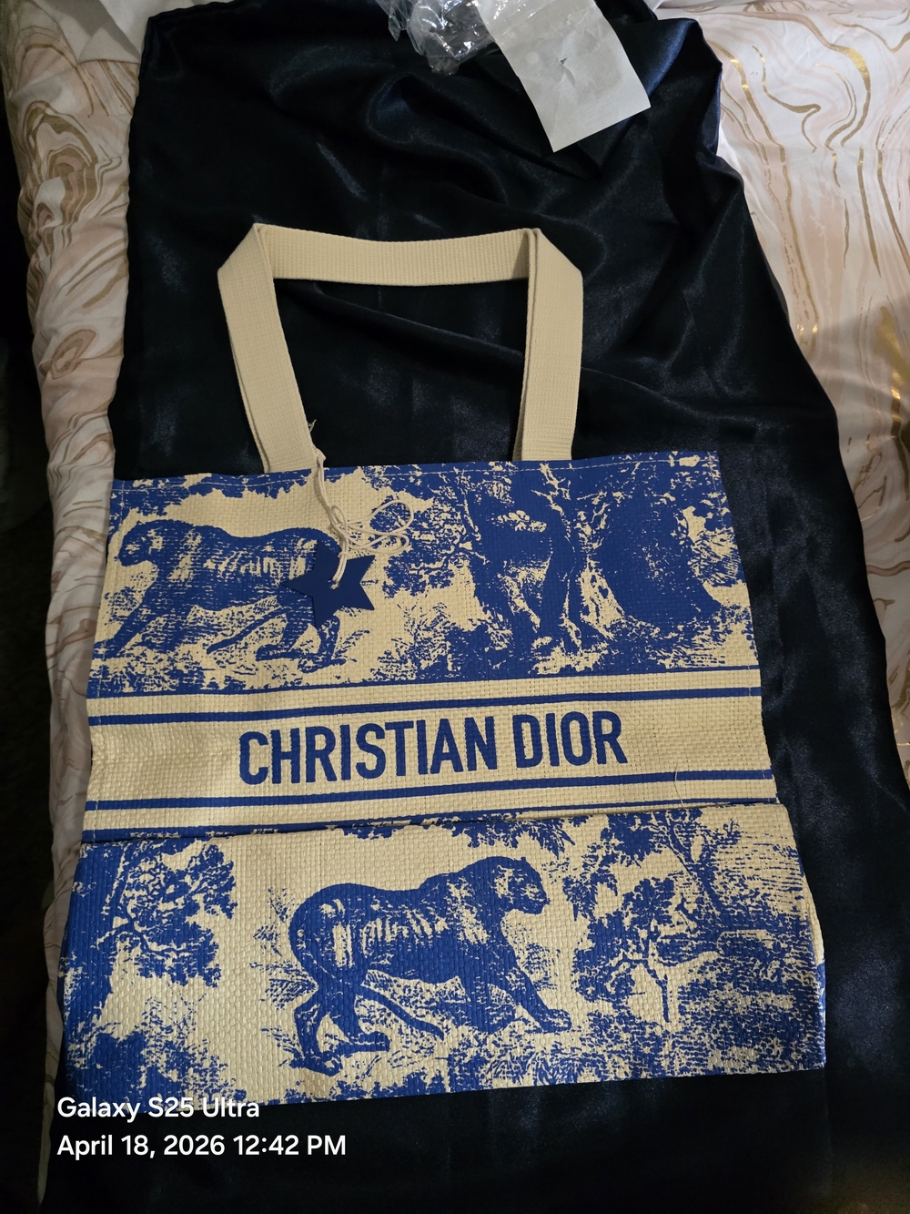 Dior Beige & Blue Toile CHRISTIAN DIOR Straw Tote. New In Plastic
